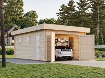Garage en bois toit plat Rasmus avec porte bois - ép.44mm - 25,5 m² hors-tout - PALMAKO