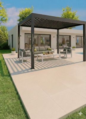 Pergola bioclimatique en aluminium gris anthracite + 4 poteaux solaires design Lignes  11,90 m², Livraison à domicile incluse - HABRITA