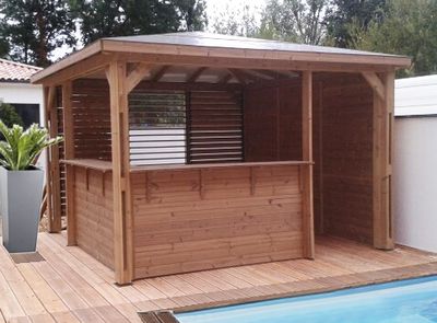 Abri de jardin pool house BLUETERM en bois traité avec comptoir + 1 paroi mur plein, 1 paroi ventelles, 2 parois comptoirs  12,31 m², Livraison à domicile incluse - HABRITA