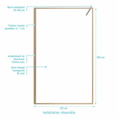Paroi de douche à l'italienne 120x200 cm profilé bois verre transparent 6 mm Wood Edge - AURLANE