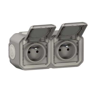 Double prise 2 pôles + terre horizontale saillie gris Plexo IP55 LEGRAND