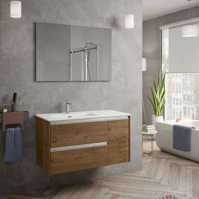 Caisson de salle de bains Thana 2 tiroirs 1 porte L100 x H55 x P45 cm panneau de particules vieux chêne