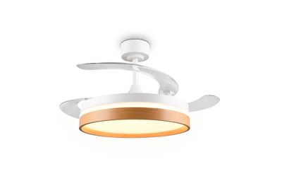 Ventilateur de plafond à pales rétractables LED + télécommande Blanc/bois Ø106cm - Volda REALITY