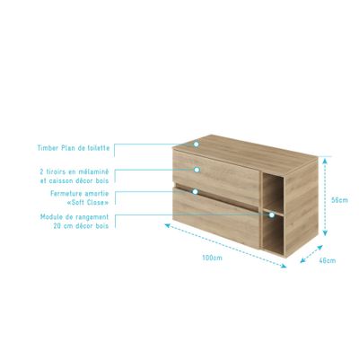 Meuble de salle de bains Timber 2 tiroirs + niche 100 x 56 x 46 cm MDF chêne naturel - AURLANE