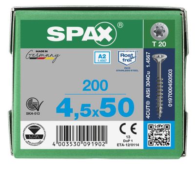 Vis inox tête fraisée T-star 4,5 x 50 mm par 200 SPAX