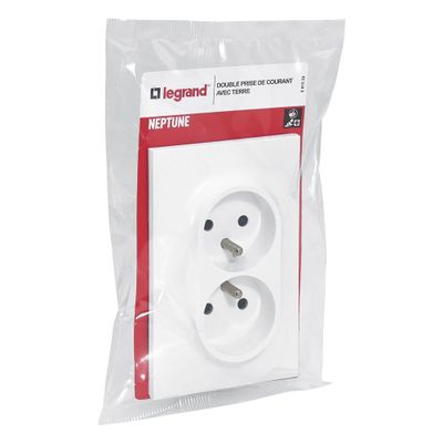 Prise électrique double compacte encastrable avec terre verticale Blanc - Neptune LEGRAND
