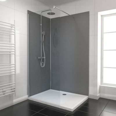 Panneaux muraux de douche gris 90+120x210 cm avec profilés de finition et angle chrome - AURLANE