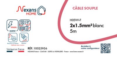 Câble électrique H05VV-F 2 x 1,5 mm² souple intérieur 5 m blanc - NEXANS