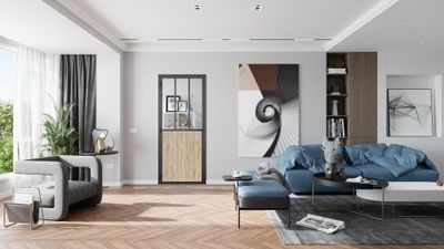 Bloc-porte aluminium noir et plaqué chêne style Atelier H.204 x l.93 cm avec vitrage verre clair poussant gauche - OPTIMUM