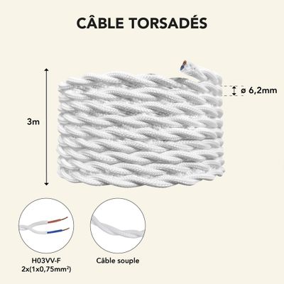 Câble électrique tissu torsadé blanc 3m - TIBELEC