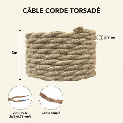 Câble électrique tissu torsadé corde 3m - TIBELEC
