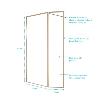 Paroi de douche à l'italienne avec déflecteur 90+40x200 cm profilé or verre transparent 5 mm Golden Edge - AURLANE