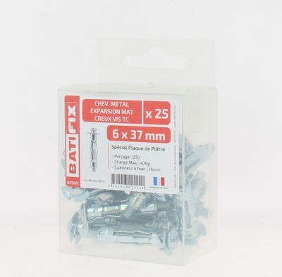 Cheville métal expansion plaque de plâtre vis tête cylindrique diamètre 6 x 37 mm par 25 BATIFIX