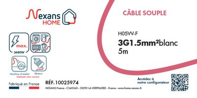 Câble électrique H05VV-F 3G1,5 mm² souple intérieur 5 m blanc - NEXANS