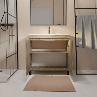 OP Meuble de salle de bains Timber 2 portes 80 x 83 x 46 cm MDF chêne naturel + vasque céramique blanche- AURLANE