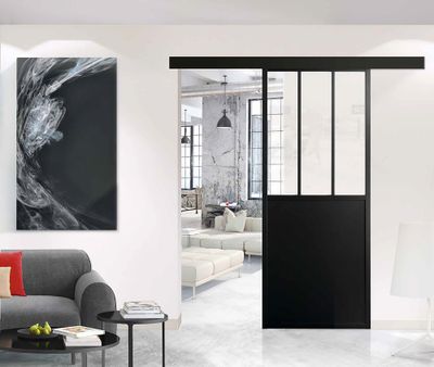 Porte coulissante noire style Atelier vitrage clair largeur 73 cm OPTIMUM