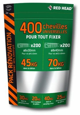Cheville nordtech 6 x 30 mm / 8 x 40 400 pièces RED HEAD