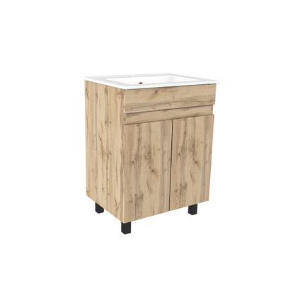 Meuble de salle de bains Timber 2 portes L60 x H83 x P46 cm MDF chêne naturel + vasque céramique blanche - AURLANE