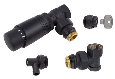 Kit complet de robinetterie de radiateur tête thermostatique équerre 1/2 noir - QUICK PLOMBERIE