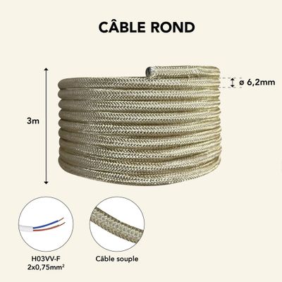 Câble électrique tissu doré 3m - TIBELEC