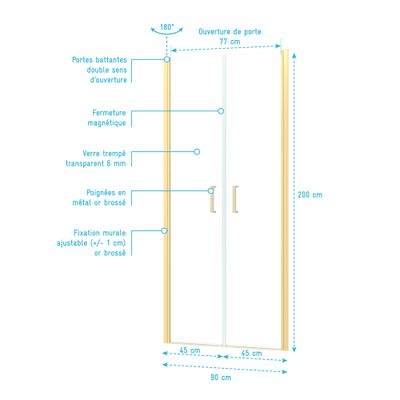 Porte de douche battante 90x200 cm profilé or verre transparent 6 mm Saloon - AURLANE