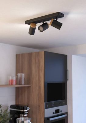 Réglette 3 spots salle de bains GU10 Consuma noir et bois IP44 9W - EGLO