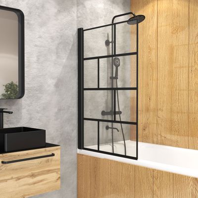 Pare-baignoire rabattable 125x75 cm profilé noir verre sérigraphié Bricks - AURLANE