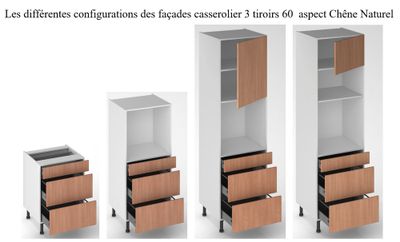 Façade de cuisine 1 tiroir + 2 casseroliers chêne naturel 60 cm pour meuble