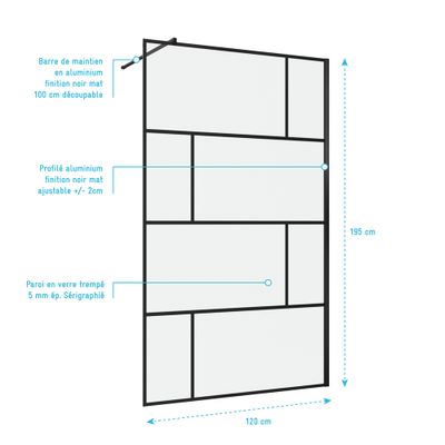 Paroi de douche à l'italienne 120x195 cm profilé noir verre transparent 5 mm Bricks - AURLANE