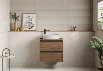 Caisson de salle de bains Thana 2 tiroirs L60 x H55 x P45 cm panneau de particules vieux chêne