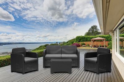 Salon de jardin ARENAL polymère noir 4 places avec coffre et coussins - GRANDSOLEIL