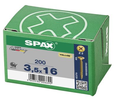 Vis tête fraisée PZ 3,5 x 16 mm par 200 SPAX