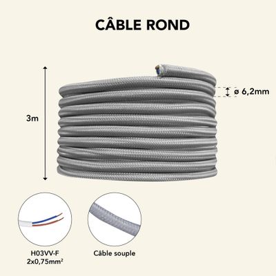 Câble électrique tissu gris 3m - TIBELEC