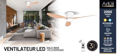 Plafonnier ventilateur LED 18W = 2000 lumens blanc et bois EOLE  - ARLUX