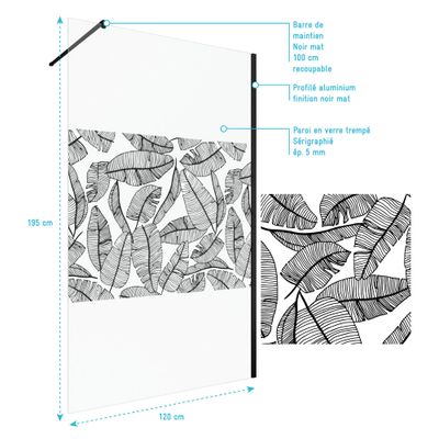 Paroi de douche à l'italienne 120x195 cm profilé noir verre transparent 5 mm Jungle - AURLANE