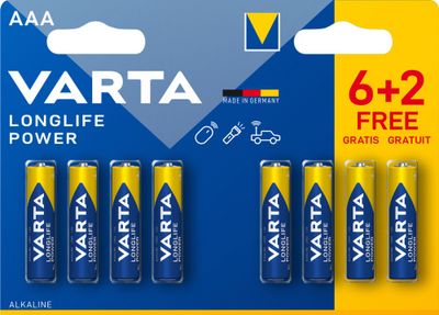 Piles alcalines LR03 (AAA) Longlife power par 8 dont 2 gratuites - VARTA