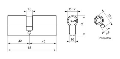 Cylindre de serrure double entrée 40 x 45 mm Trafic 6 haute sécurité nickelé 5 clés THIRARD