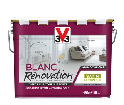 Peinture blanche rénovation séjour, chambre, cuisine et bain 2en1 satin 5 l V33