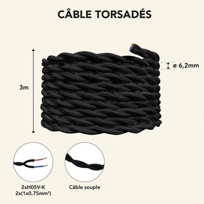 Câble électrique tissu torsadé noir 3m - TIBELEC