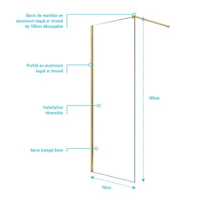 Paroi de douche à l'italienne 70x195 cm profilé or verre transparent 5 mm Essentiel Gold - AURLANE