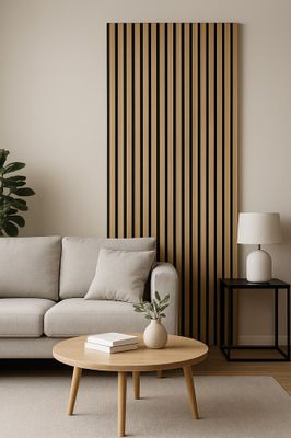 Panneau acoustique décoratif Ecowall Acoustic chêne miel 90 sur fond noir - Lot de 3 - 14 x 300 x 2600 mm - AJ TIMBER