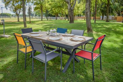 Table de jardin à rallonge ouverture automatique HORTENSE aluminium/céramique beige 200/260x100 cm
