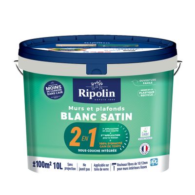 Peinture murs et plafonds 2 en 1 Blanc satin 10 L - RIPOLIN
