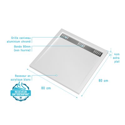 Receveur de douche 80x80 cm acrylique blanc Pure 2 - AURLANE