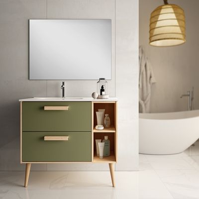Meuble de salle de bains Malmoe 2 tiroirs 2 niches L80 x H85 x 45 cm bois mélaminé vert et bois - EGORE