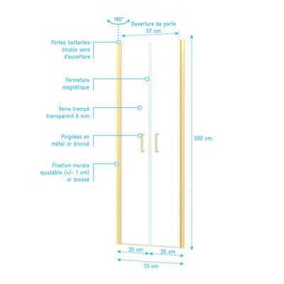 Porte de douche battante 70x200 cm profilé or verre transparent 6 mm Saloon - AURLANE