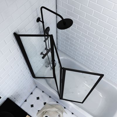 Pare-baignoire pivotant 125x143 cm profilé noir verre transparent triple noir - AURLANE