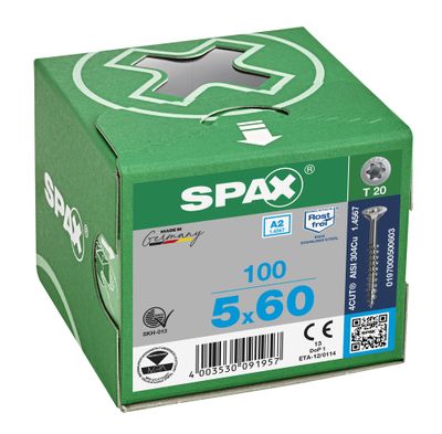 Vis inox tête fraisée T-star 5 x 60 mm par 100 SPAX