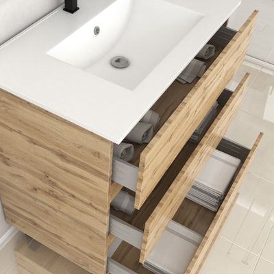 Meuble de salle de bains Timber 3 tiroirs L80 x H83 x P46 cm MDF chêne naturel + vasque céramique blanche - AURLANE