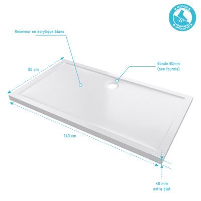 Receveur de douche 80x140 cm acrylique blanc Pure 2 - AURLANE